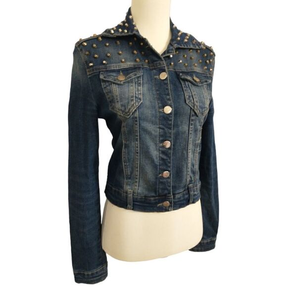 Y2K Lolita Fitted Jean Denim Jacket S Western Metal Biker Punk Grunge Stretch - Picture 9 of 16